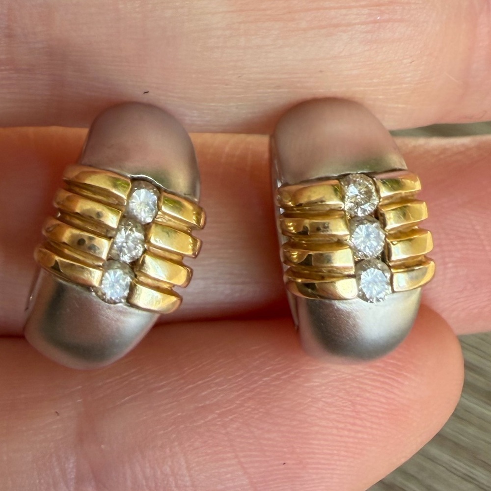 14k 585 Two Tone Gold Earrings With Diamonds 6 grams - Picture 3 of 11